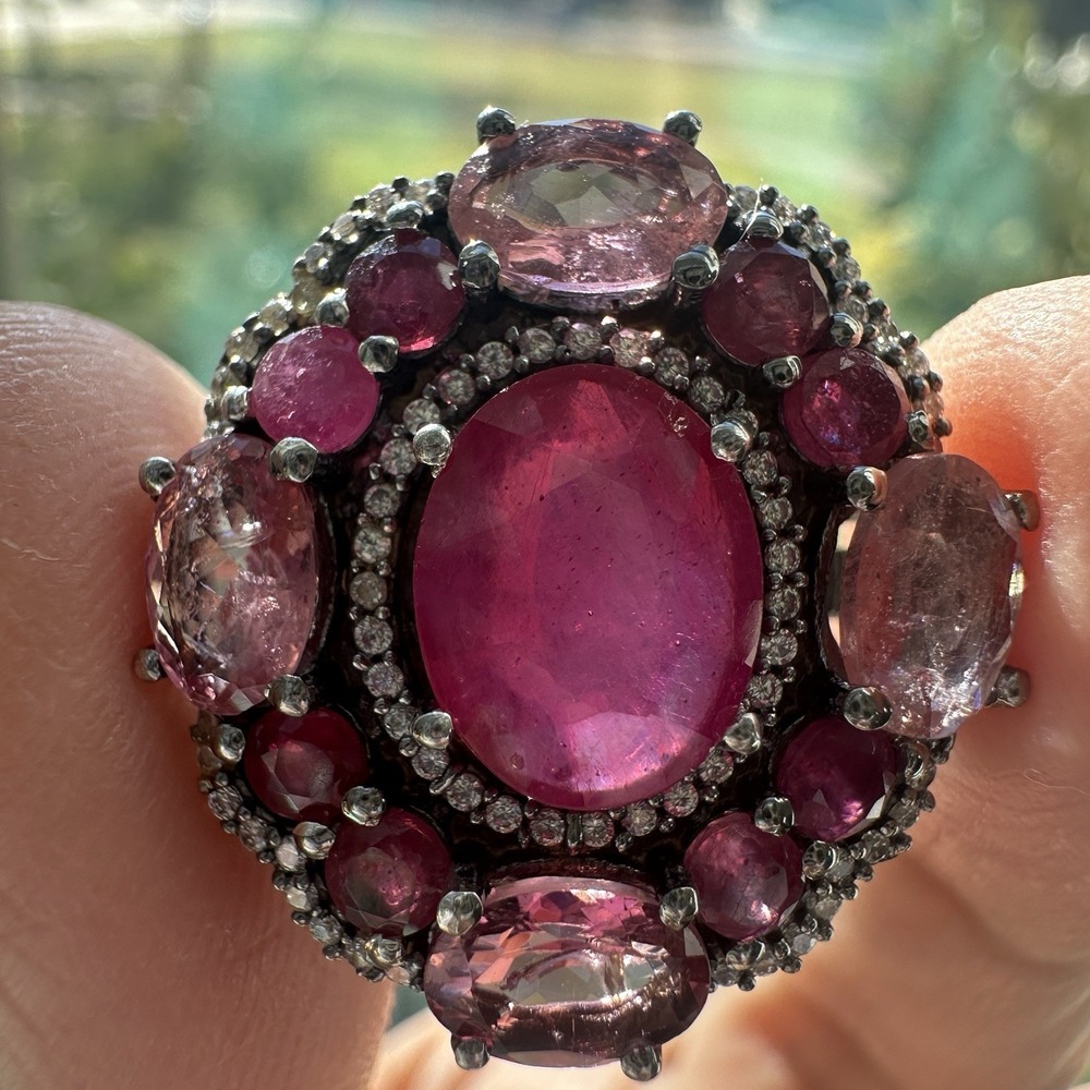 Vintage Cocktail Ring Size 5.75 Natural Tourmaline Ruby Gems 925 Sterling 7.0g
